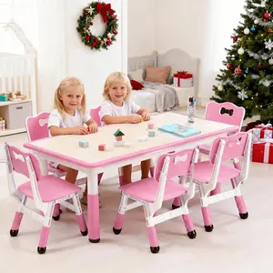 7PCS Kids Table and Chairs Set, Height Adjustable Toddler Activity Table with 6 Chairs for Ages 2-10, Graffiti Desktop with Non-Slip Legs for Home & Daycare