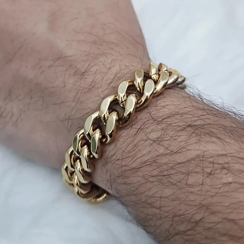 Men's Gold Cuban Bracelet, 15mm Curb Cuban Bracelet
