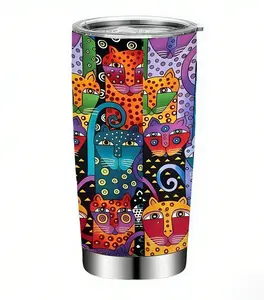 20oz Abstract Colorful Cat Tumbler - Artistic Folk Art Design / Vibrant Mosaic Pattern Travel Mug