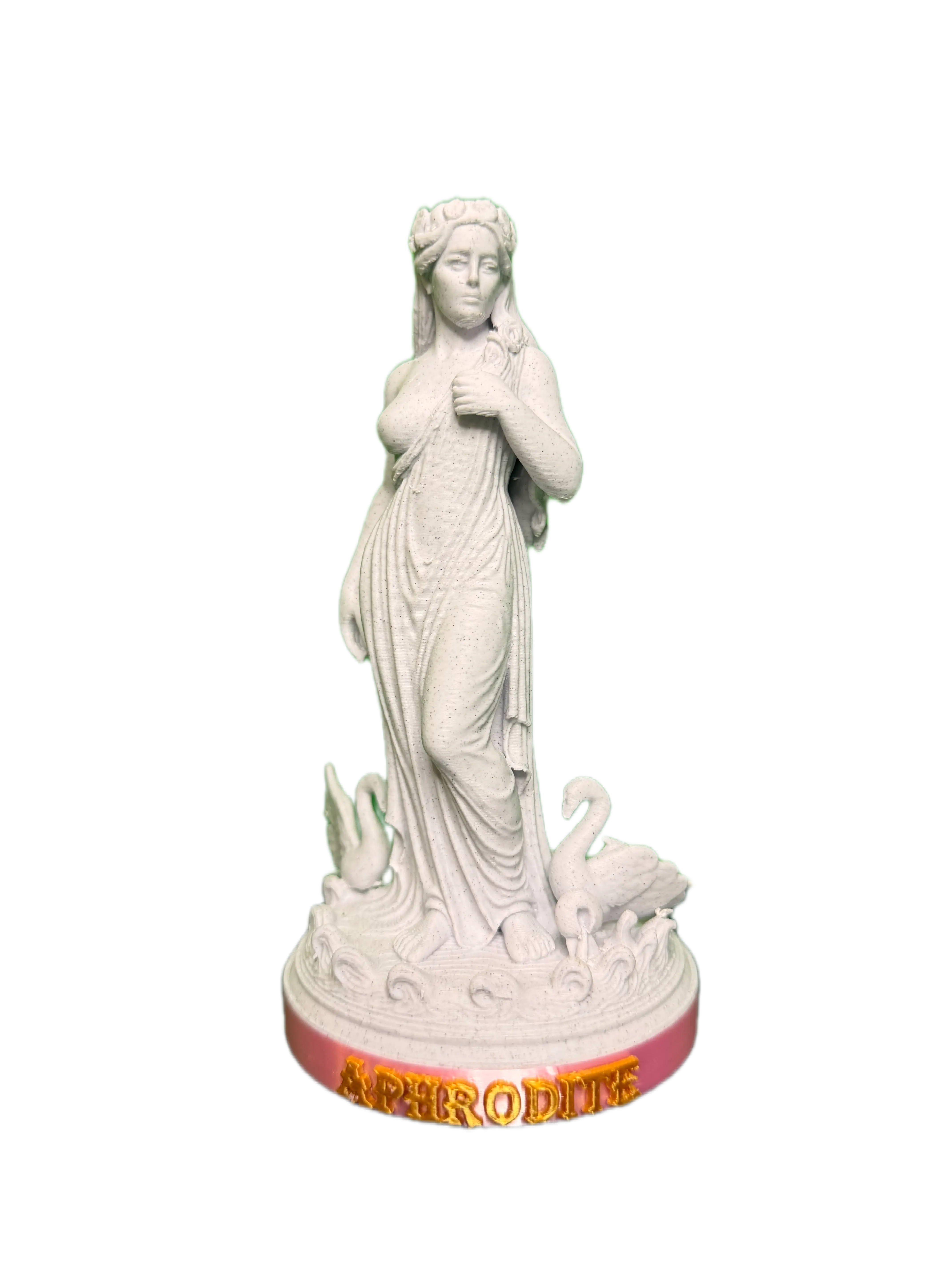 Aphrodite Statue 3D Printed Greek Goddess of Love Marble Finish Pink Base Gold Lettering 3.38in x 3.50in x 6.26in