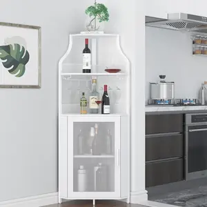 Corner Bar Storage Cabinet, 5-Tier Farmhouse Liquor Cabinet with Glass Holder Wine Cabinet with Barn Door & Adjustable Shelf, Home Bar Storage for Home,Dining Room, Kitchen, White