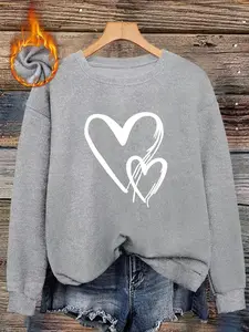 Women's Fall Winter Fitted Round Neck Sweater, Soft Plush Lining, Hand Drawn Heart Print, Casual Style, Comfortable Daily Wear