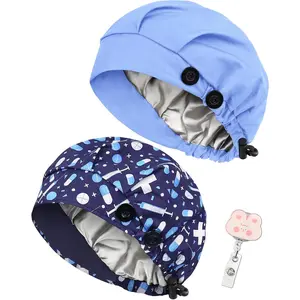 2 Pack Satin Lined Bouffant Scrub Caps with Buttons, Adjustable Scrub Caps for Women Men