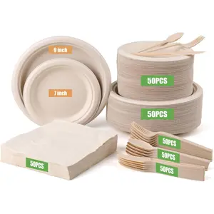 300 Pack Paper Plates Set Party Supplies Severs 50 Guests Disposable Party Plates Sugarcane Forks Knives Spoons Heavy-Duty Paper Plate Bagasse Natural Compostable Eco-Friendly Birthday Wedding