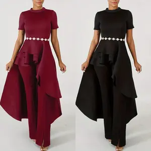 Irregular Ruffled Hem Asymmetrical Peplum O-Neck Solid Color Maxi Blouse