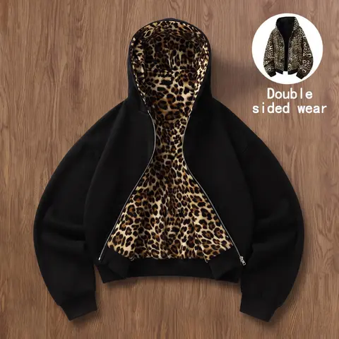 Men’s/women’s cotton blend zip-up hoodie, solid outer layer with leopard print lining that can be flipped for wear, loose long sleeves, street casual style with pockets
