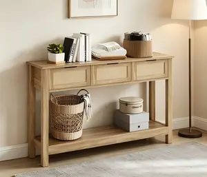 Boho Style Rattan Console Table, 47 Inch Narrow Long Entryway Table with 3 Storage Drawers, Multi-Functional Sofa Back Table & Side Table, Suitable for Living Room, Hallway and Foyer, Natural Finish