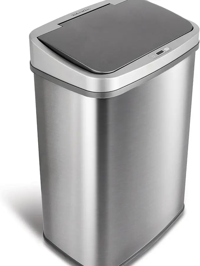 NINESTARS DZT-50-28BR Automatic Touchless Motion Sensor Oval Trash Can, Black Top, 13 Gal BR, Brush