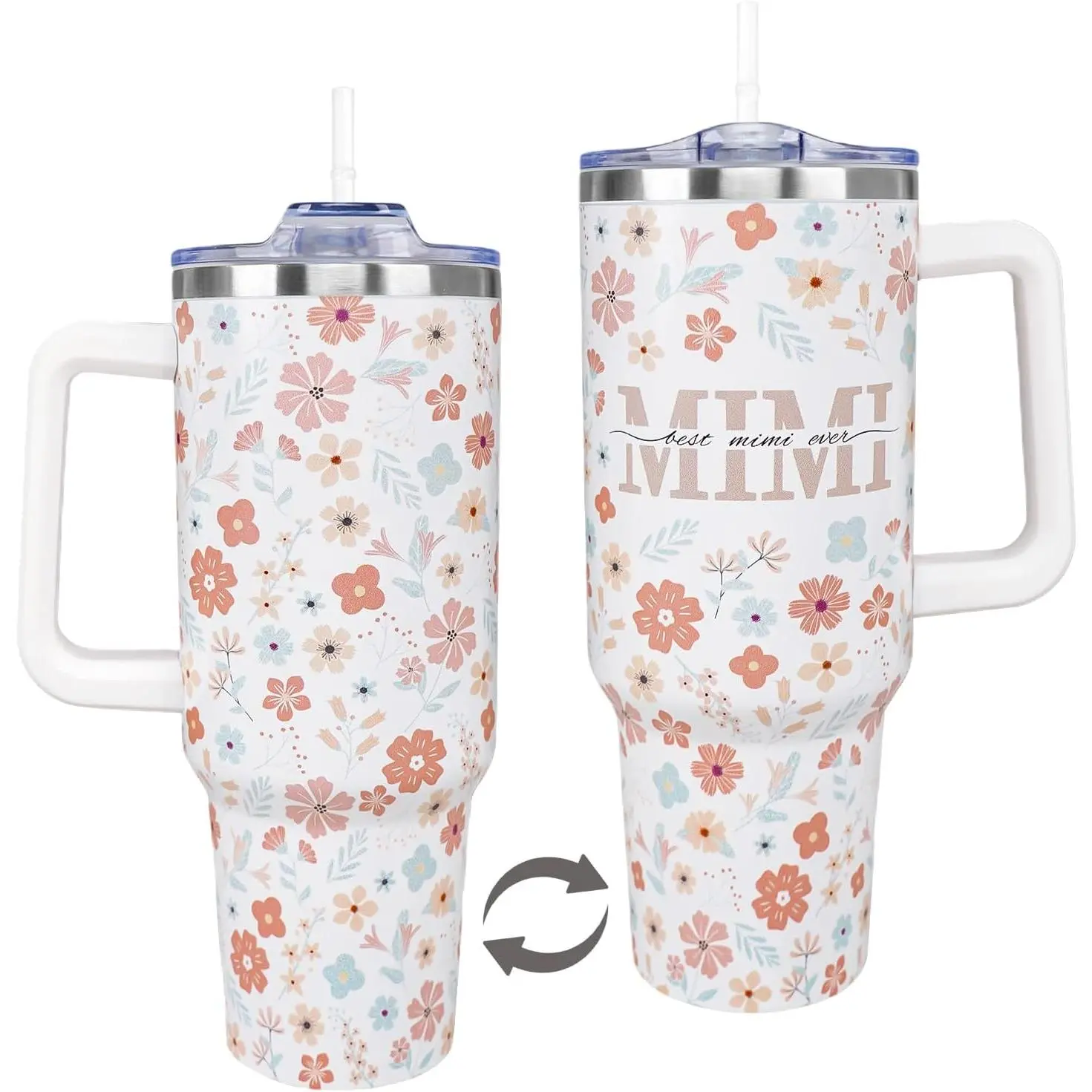 40 Oz Stainless Steel Insulated Tumbler - Mimi Vacuum Flask Mug with Lid, Cover, Handle, Straw, Beverage & Coffee Compatibility, Tea-Friendly Indoor Drinkware Gift for Grandma (Birthday, Christmas Ideas)