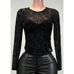 EDEN BLACK LEAVES DETAIL MESH LONG SLEEVE TOP