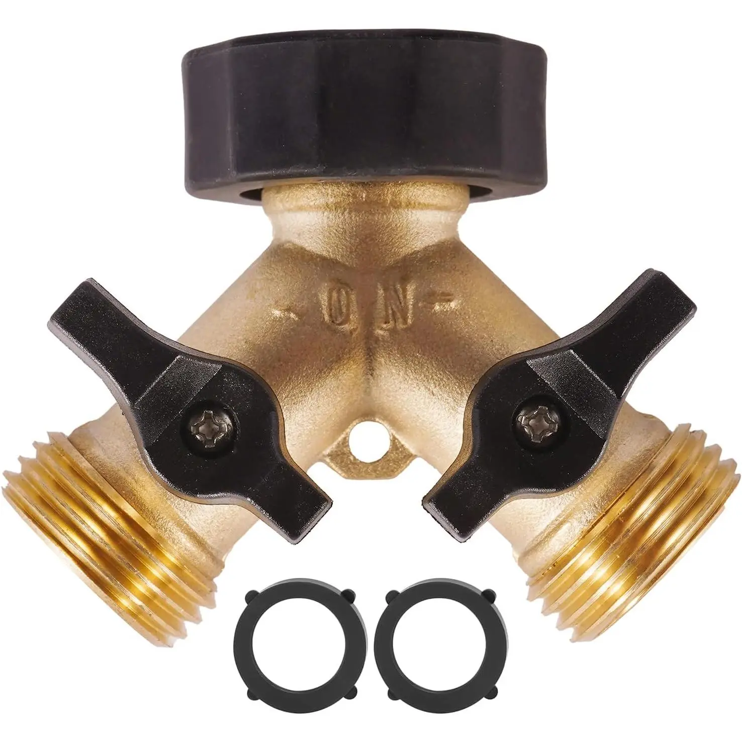 Garden Hose Splitter 2 Way Heavy Duty, Brass Hose Y Splitter with Shutoff Valve, Easy Grip Handle, Water Spigot Outdoor Faucet Splitter Y Adapter with 2 Extra Rubber Washers