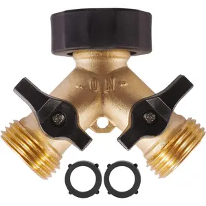 Garden Hose Splitter 2 Way Heavy Duty, Brass Hose Y Splitter with Shutoff Valve, Easy Grip Handle, Water Spigot Outdoor Faucet Splitter Y Adapter with 2 Extra Rubber Washers