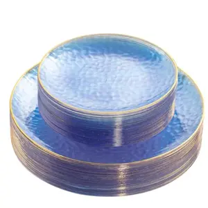 20 Piece Transparent Blue Plastic Plates, Hammered Blue Plates with Edges, Includes 10 Dessert Plates, Perfect for Parties