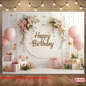 1pc Stylish Polyester 2D Flat Backdrop Banner for Birthday Celebrations - With 'Happy Birthday' Text, Flower Garlands, Pink Balloons, Golden Accents