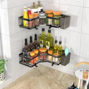 Corner Storage Rack with Hooks, Wall-Mounted Bathroom Organizer, Shower Basket, 2-Piece Set, Toothpaste Holder, for Bathroom Kitchen
