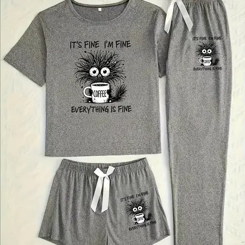Women's Cartoon Coffee Cat Print Sleepwear, Loungewear Set, Fitted Casual Pajamas for All Seasons, Comfortable Three-Piece Nightwear, Pyjamas, Pjs, Womenswear, Home Sleepwear