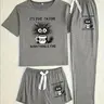 Women's Cartoon Coffee Cat Print Sleepwear, Loungewear Set, Fitted Casual Pajamas for All Seasons, Comfortable Three-Piece Nightwear, Pyjamas, Pjs, Womenswear, Home Sleepwear