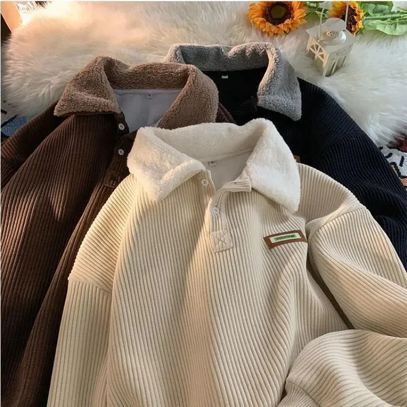 Women's Stylish Vintage Fleece-Lined Thick Corduroy Velvet Pullover Hoodie Top, Long Sleeve Polo Collar Casual Loose-Fit Autumn Winter Outerwear, Machine Washable Couple Outfit Christmas Gift, Style, Lady, Collared, Buttons, Valentines Day, Piece, Sweatsh