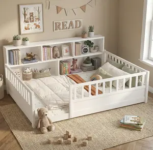 Full Size Wooden Floor Bed with Fence Guardrails & Side Storage Shelf, Montessori Low Platform Pine Wood Bed Frame in White or Natural Wood, Kids Bed with Open Entry, Safe & Easy Assembly