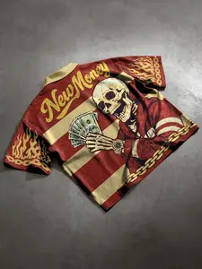 Men's Summer Casual Polo Shirt, Flame Skull Print American Vintage Streetwear, Loose Fit Short Sleeve, Comfortable Leisure Wear