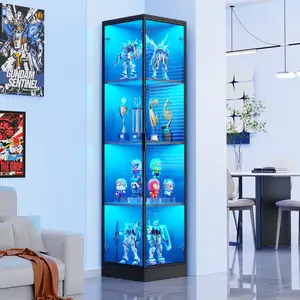 MIIFUNY Corner Display Cabinet with Glass Doors, Aesthetic Display Case with 3 Color Light, 4-Tier Curio Cabinet & Bookcase for Collectibles, Toys, Books, for Playroom, Bedroom, Study Room, Black