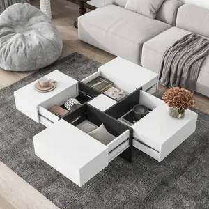 ON-TREND Unique Design Coffee Table with 4 Hidden Storage Compartments Square Cocktail Table with Extendable Sliding Tabletop UV High-gloss Center Table for Living Room 31.5"x 31.5"