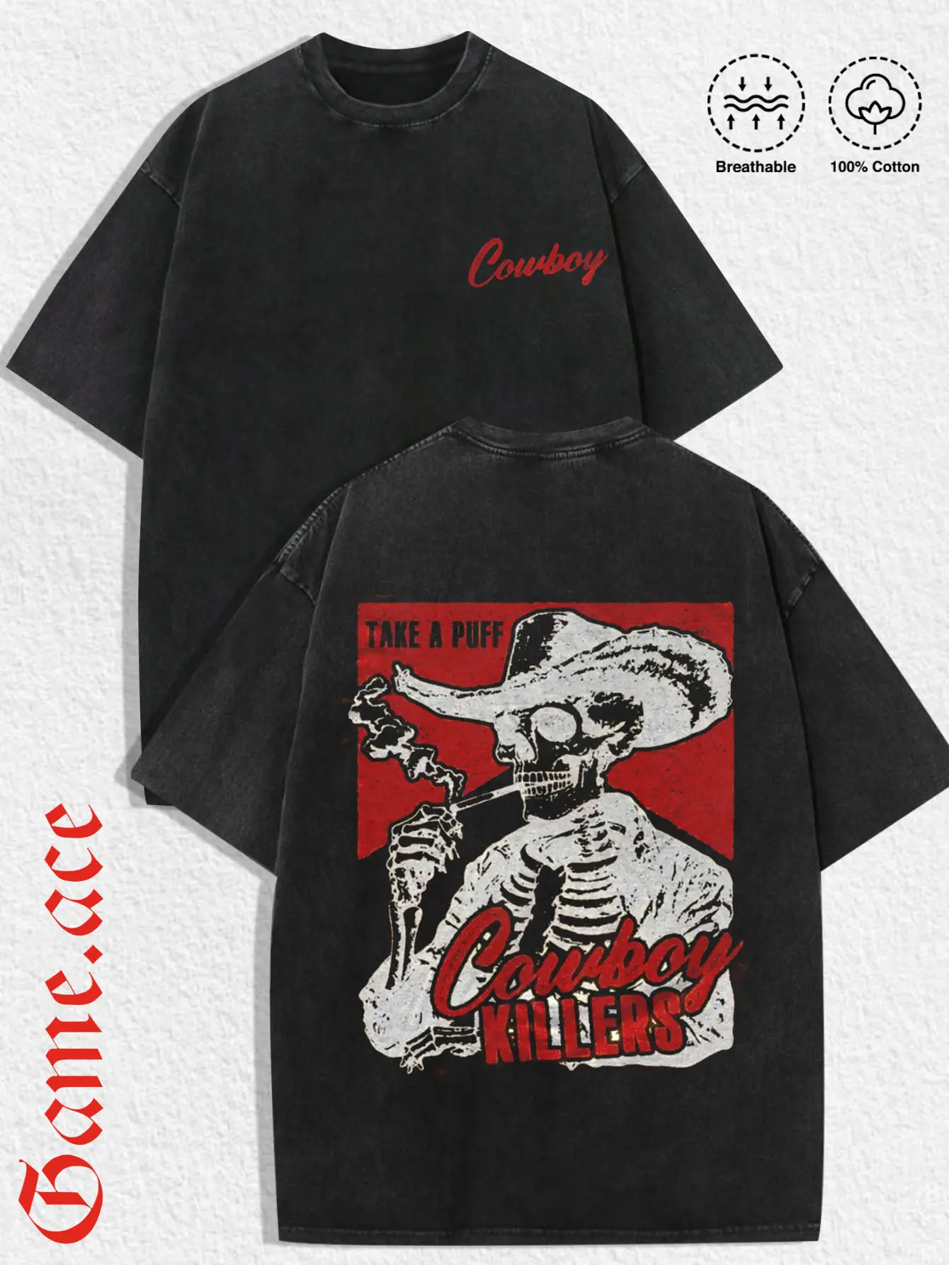 1 PCS GAME.ACE Washed Black Oversized Tee, "Cowboy Killers" Skeleton Cowboy Retro Print, Vintage Western Streetwear, 100% Cotton Breathable Unisex T-Shirt, Ideal for Daily Wear & Western Style Lovers