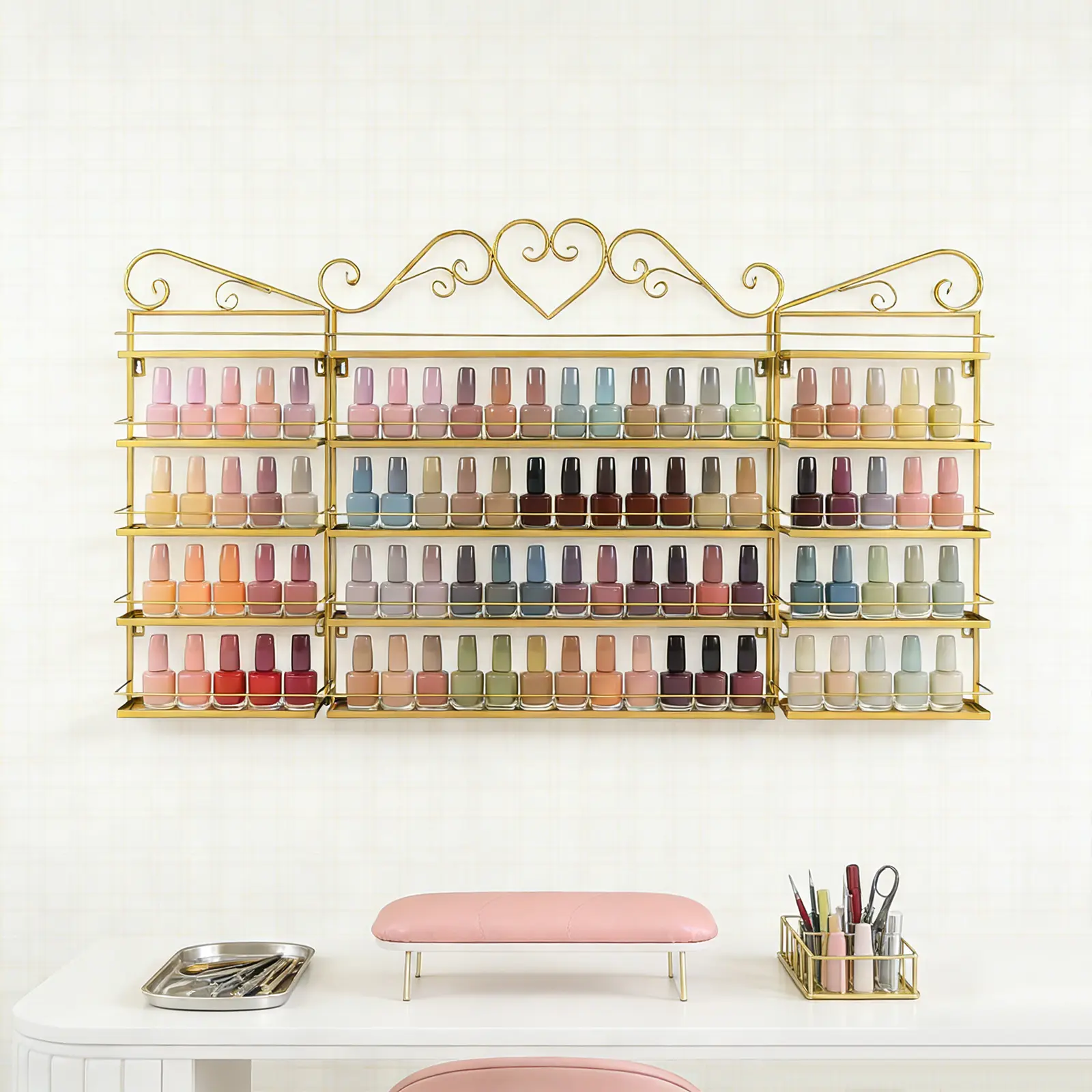 CNCEST Gold Metal 5-Layer Rectangle Wall-Mounted Nail Polish Bottle Holder (Set of 3) - Durable Space-Saver Home Organizing Racks for Salon Cosmetics