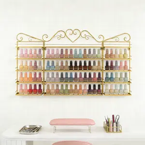 CNCEST Gold Metal 5-Tier Rectangle Wall-Mounted Nail Polish Organiser Set of 3 - Durable Storage Unit, Bottle Holder for Salon Cosmetics, Perfume, Lipstick