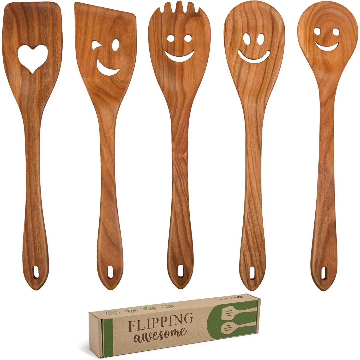 5-Piece Cherry Wood Kitchen Utensil Set - Funny Faces Wooden Cooking Spoons & Spatula, Lightweight Multi-Use Cooking Tools