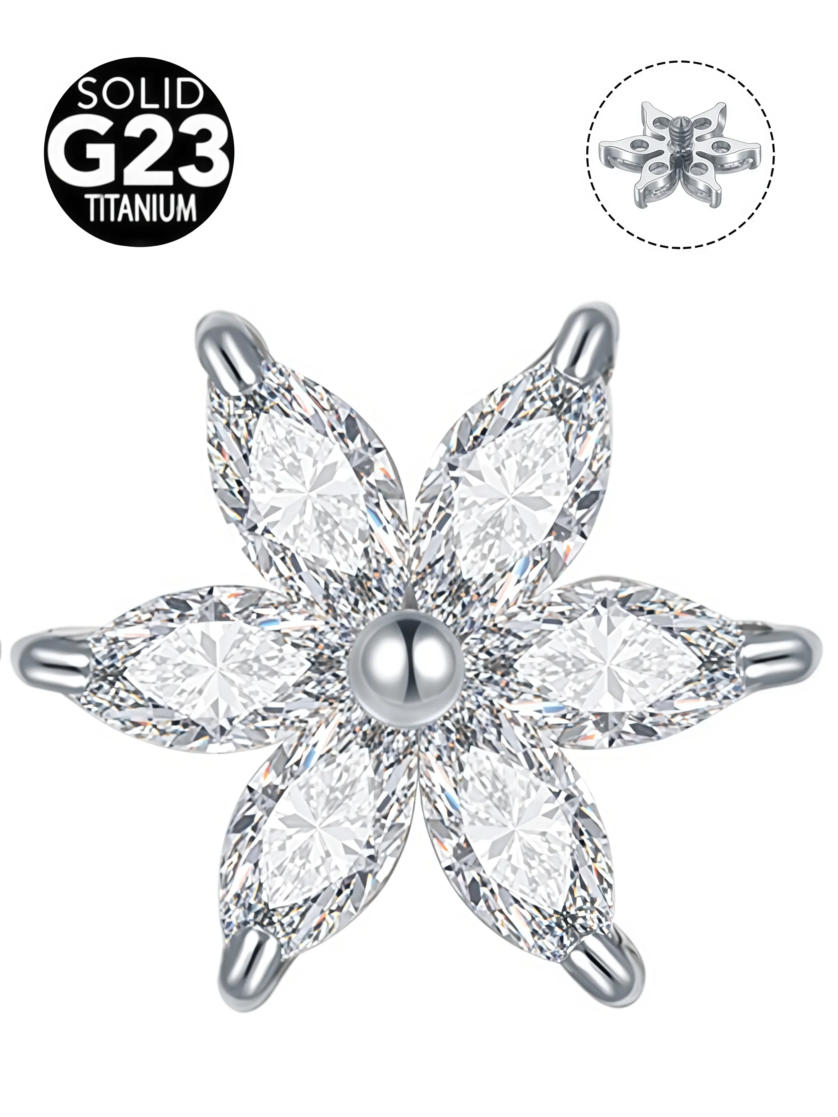 1pcs Titanium Crystal Flower Dermal Anchor Top, Punk Style Body Piercing Jewelry Labret Helix Tragus Belly Ring, Surface Piercing Jewelry for All Seasons