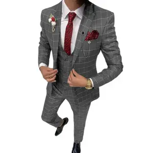 Men's Plaid Wedding Tuxedo Slim Fit Suit - Double Breasted Three-Piece Set with Vest for Business, Casual, and Formal Events |   Groom & Party Attire