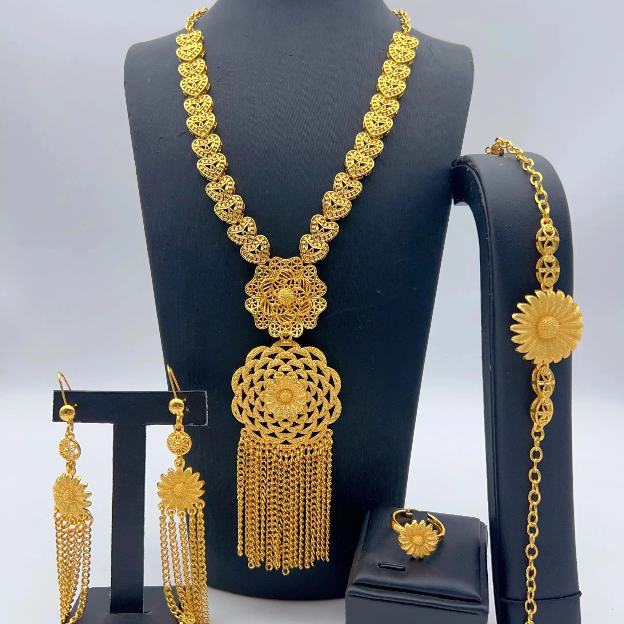 Indian 24K Gold Color Long Tassel Necklace Set Nigerian Party Bridal Wedding Ethiopian Luxury Dubai Jewelry Wholesale Gifts