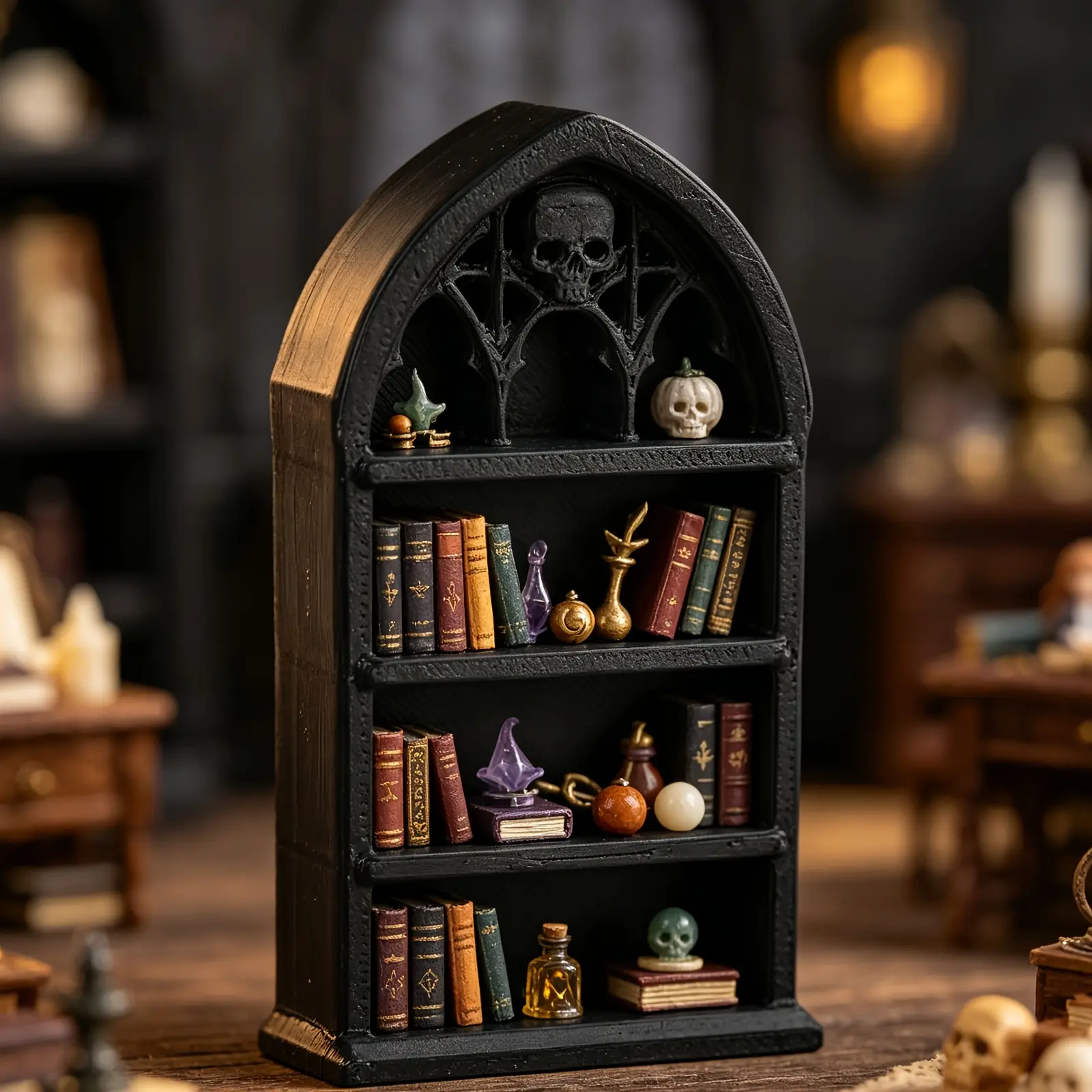 Dark Gothic 3-Tier Mini Bookcase - Vintage Church Arch Design, Skull Carving, Indoor Living Room Furniture Shelf for Mini Ornaments, Jewelry Storage