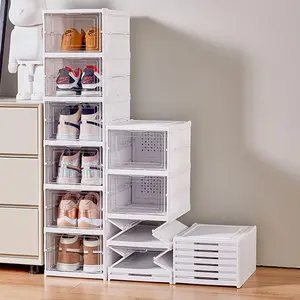 6-Tier Shoe Rack Shoe Storage Box Bins Clear Collapsible Plastic Installation-Free Stackable Foldable Tote with  Organizing