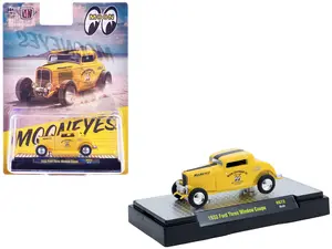1932 Ford Three-Window Coupe "MoonEyes" Yellow with Black Stripe Limited Edition 1/64 Diecast Model Cars by M2 Machines