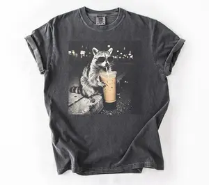 Comfort Colors Retro Raccoon Drinking Iced Coffee Shirt | Funny Animal Meme Tee | Coffee Lover Raccoon Shirt | Unisex Graphic T Shirt
