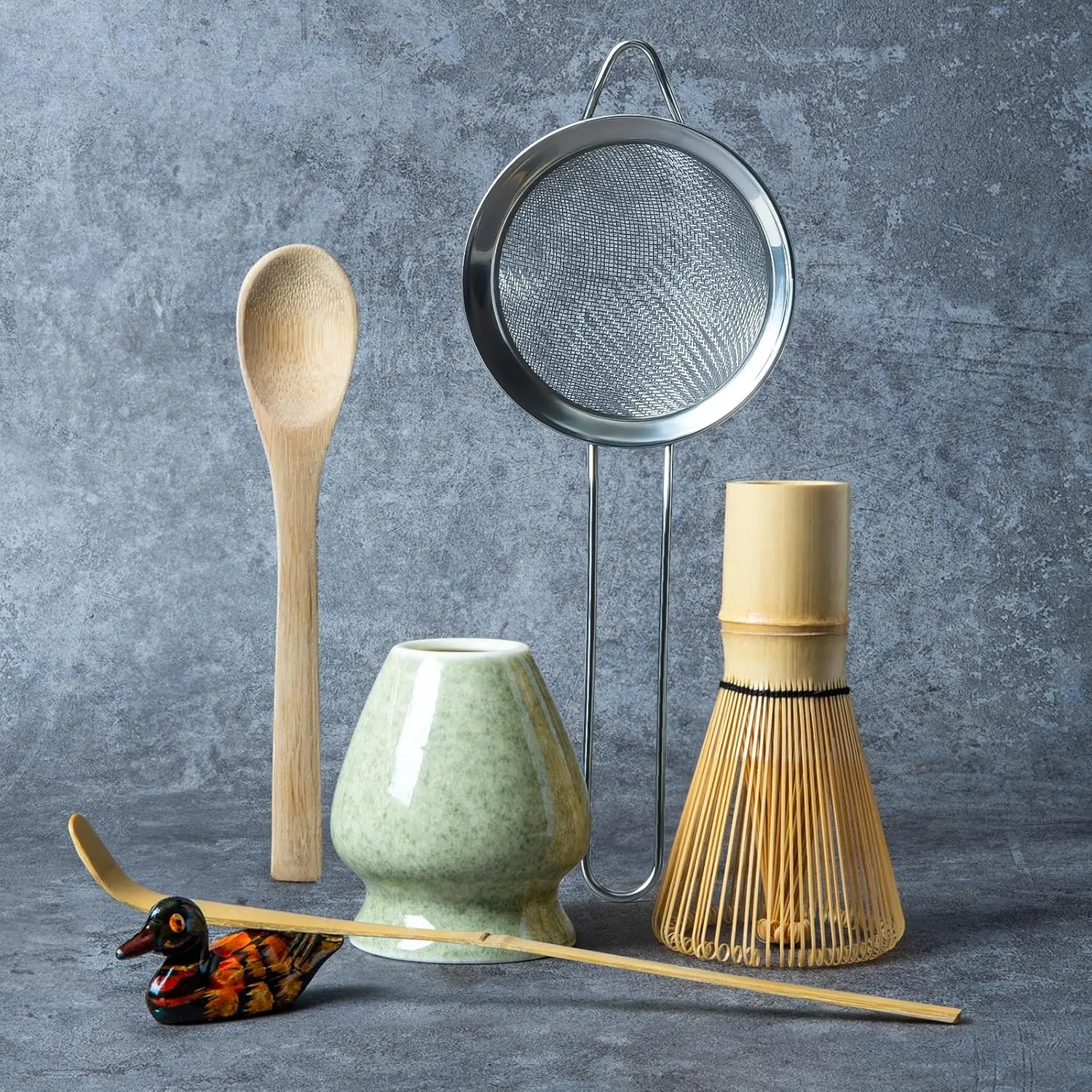 Matcha Whisk Set, Matcha Making Kit Whisk (Chasen Holder), Ceramic Whisk Holder (Mottled Green),  Scoop,  Starter Sifter, Spoon   Tools For Ceremony