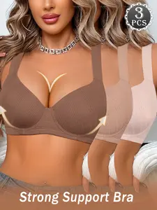 3PCS Women's Underwire Push-Up Bra,Support Anti‑sagging Casual Comfortable Bra , Adjustable Wide Straps Side Breasts Smoothing,Slimming Breathable, for Everyday Wear