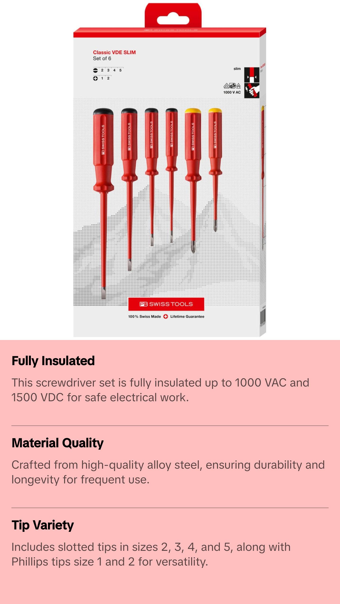 PB Swiss Tools PB 5542.SL CBB Classic VDE slim screwdriver set, fully insulated up to 1000 VAC/1500 VDC