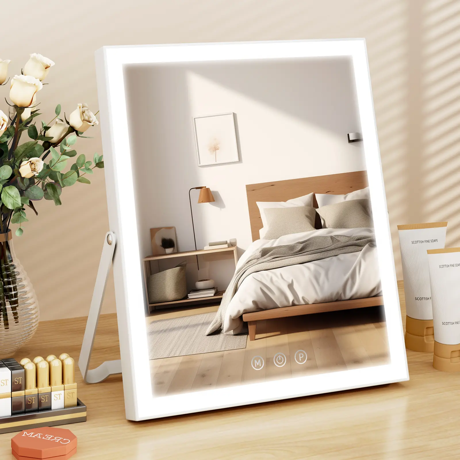 Lighted Rectangle Metal Frame Tabletop Mirror - 10x12in, Modern Metal-Toned, Adjustable Tilting, 360° Rotatable, 3 Color Modes, Smart Touch Sensor, Dual Power Supplies, Portable, Plug-In, for Home Decor, Travel, Home Decor Enthusiasts, With Light