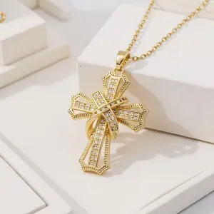 1pc European andAmerican Style Cross Pendant Necklace, Elegant Light LuxuryNiche Design, Full of, 18k Gold Plated, Light Luxury Simple Multi-Layer Necklace with Layered Stacking Design, Copper MaterialInlaid with 5A Synthetic Cubic Synthetic