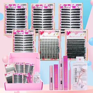 6 Boxes Natural Volume Cluster Lash Set, Volume Lash Clusters 3D Wispy Fluffy Volume Synthetic False Eyelashes with Bond Seal Remover Applicator lash Curler, Eyelash Extension Glue, Cat Eye spike Style, DIY Lash Extension Kit Gift for Friend Family
