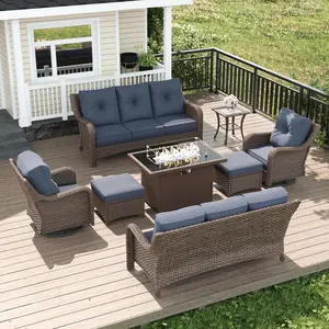 LayinSun 7-Piece Wicker Outdoor Furniture Set with 6-inch Comfy Cushions, High Back Patio Furniture Set with Swivel Rocking Chairs and Fire Pit Table