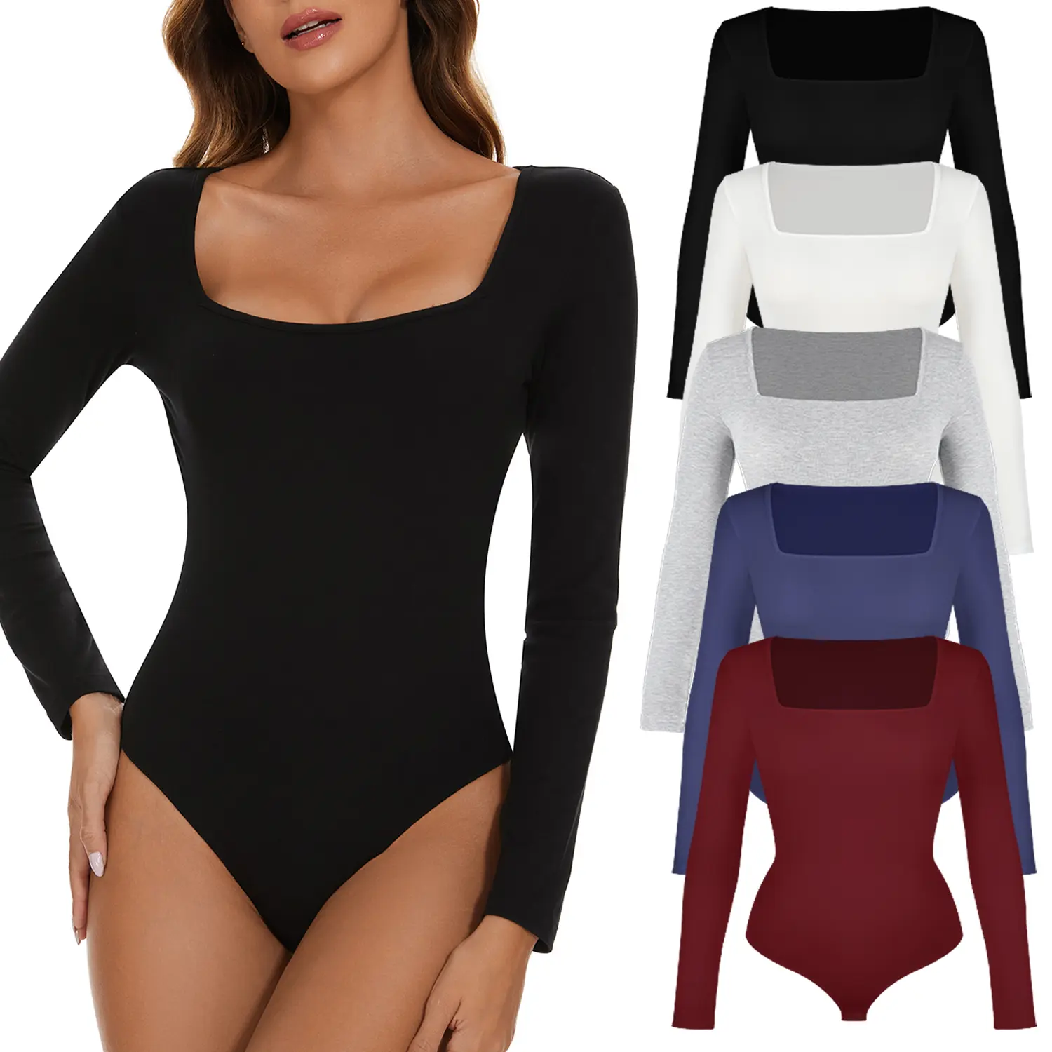 Women Long Sleeve Square Neck Bodysuit Basic Leotard Jumpsuit Casual Going Out Stylish Outfit Shirt