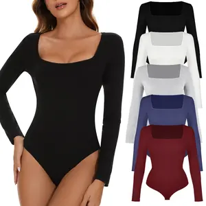 Women Long Sleeve Square Neck Bodysuit Basic Leotard Jumpsuit Casual Going Out Stylish Outfit Shirt