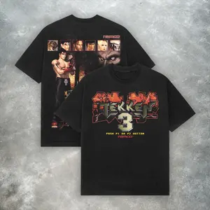 Tekken 3 Retro Gaming Graphic T-Shirt Vintage 90s Arcade Streetwear Jin Kazama Namco Fighting Game Merch Gildan 5000 Heavy Cotton Tee Oversized Aesthetic Front and Back Print Gift for Gamers