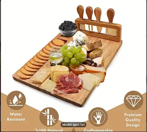 6 Pcs/set Bamboo Cheese Board set, Including 4 Stainless steel Knives and Forks, Tool Holder, Square Drawer, Cheese Cutting, Pizza drill Board, Steak, Western food Biscuit Tableware, Multifunctional and Multi Scene use tool