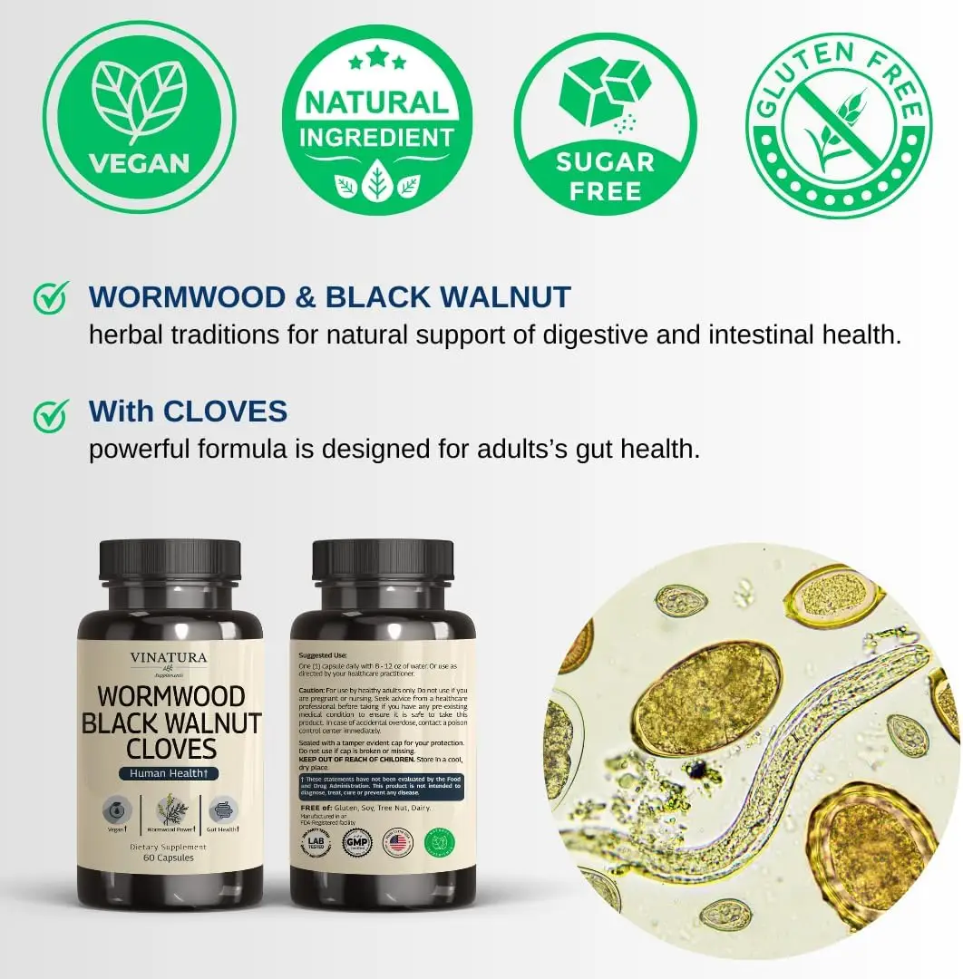 Wormwood Black Walnut Clove Capsules - Wormwood herb, Black Walnut Extract Combination for Human Health, 60 Capsules Healthcare Natural