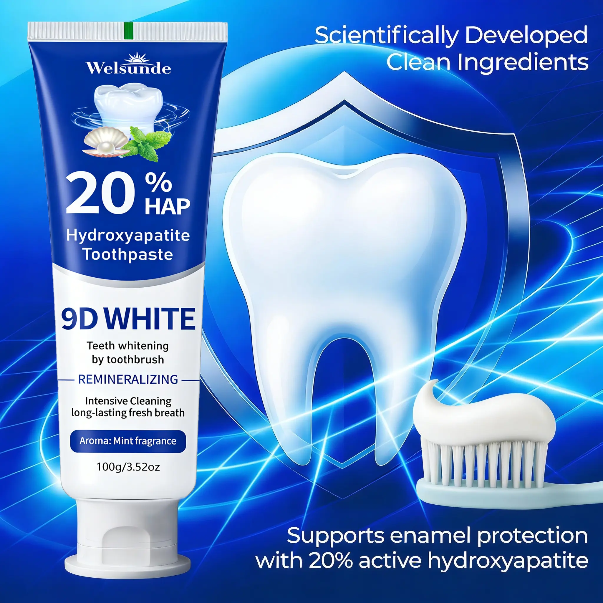 9D Whitening Toothpaste (Upgrade Edition) - 20% HAP Hydroxyapatite, Fluoride-Free, 100g Oral Care, Intensive Cleansing, Refreshing Mint Fragrance, Sensitivity & Toothache Relief, Daily Stain Removal, Bacteria Prevention, Bad Breath Control, Pearly Whites